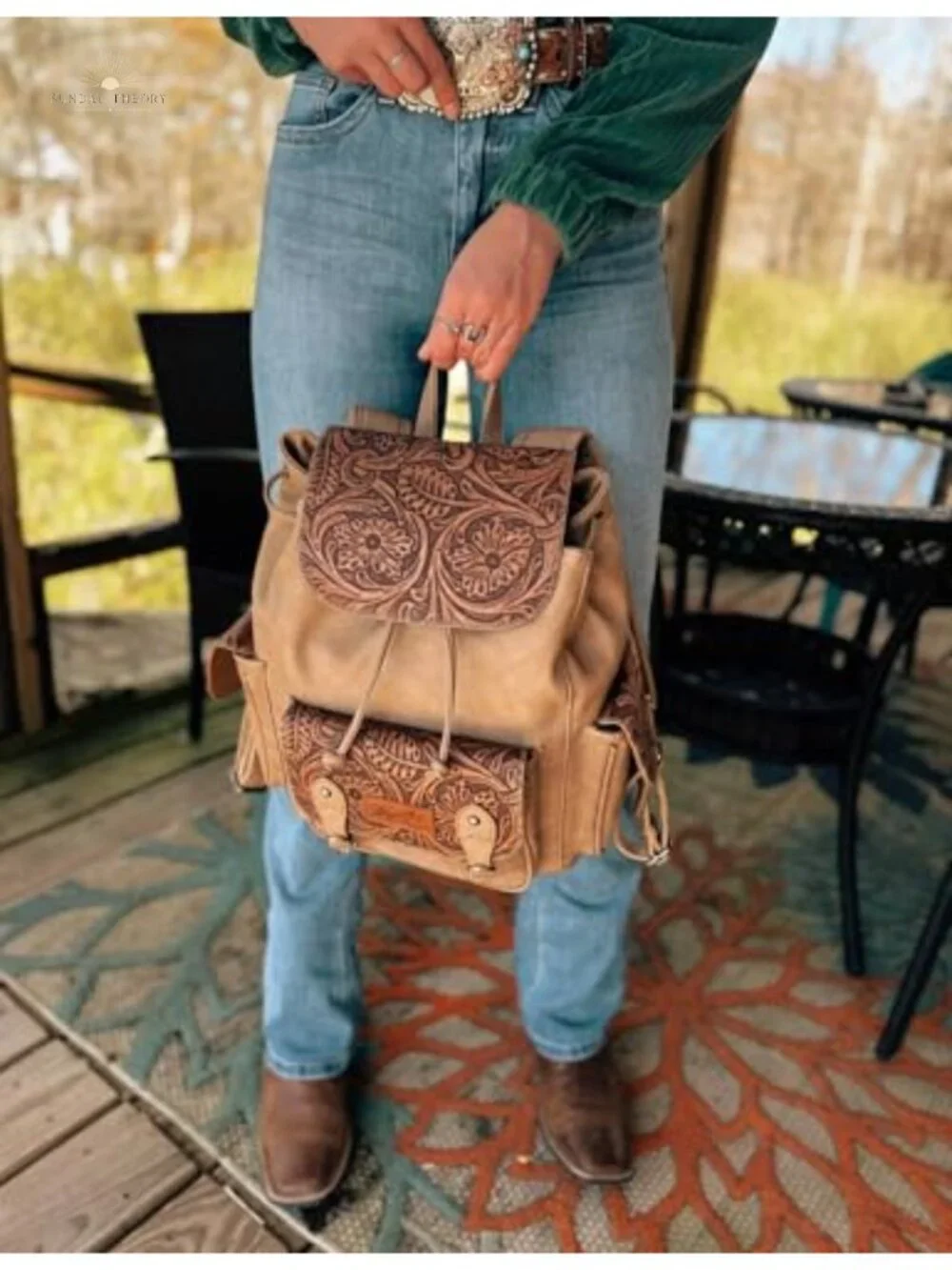 Floral Tooled Western Backpack Purse w/ Drawstring & Magnetic Closure